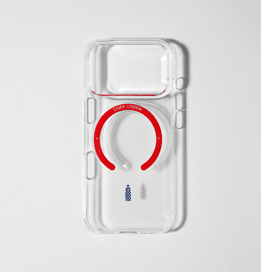 CASER LONDON clear apple iphone 17 pro case with skyline icon and red magsafe charging ring