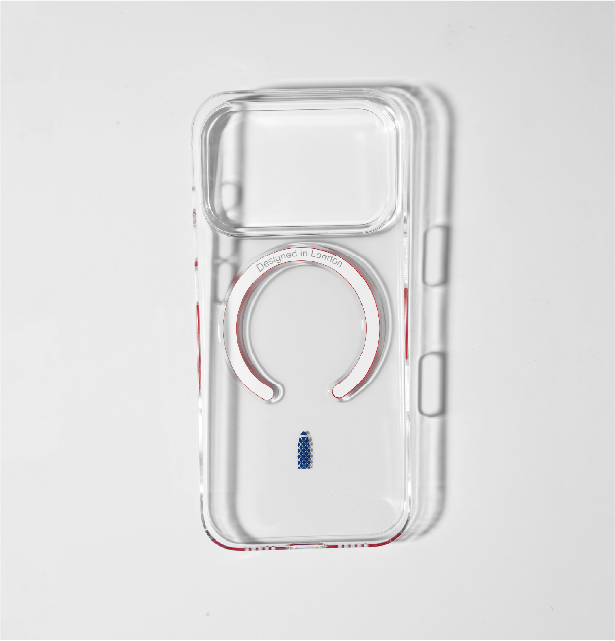 Clear apple iphone 17 pro case with skyline icon and red magsafe charging ring