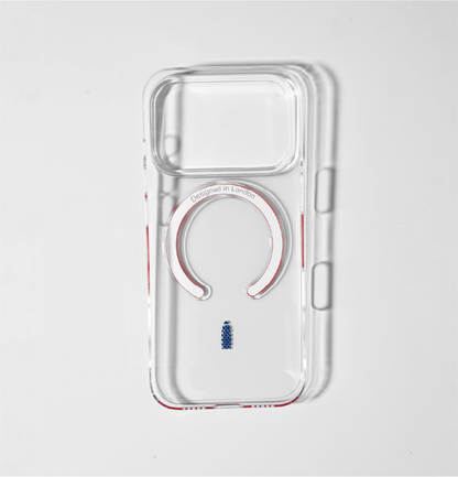 Clear apple iphone 17 pro case with skyline icon and red magsafe charging ring