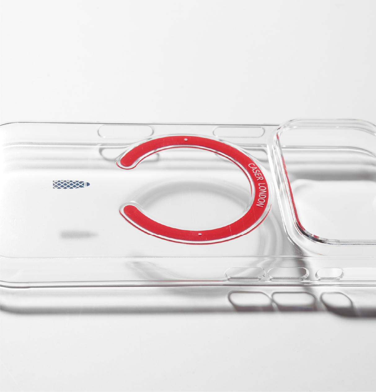 Clear apple iphone 17 pro case with skyline icon and red magsafe charging ring