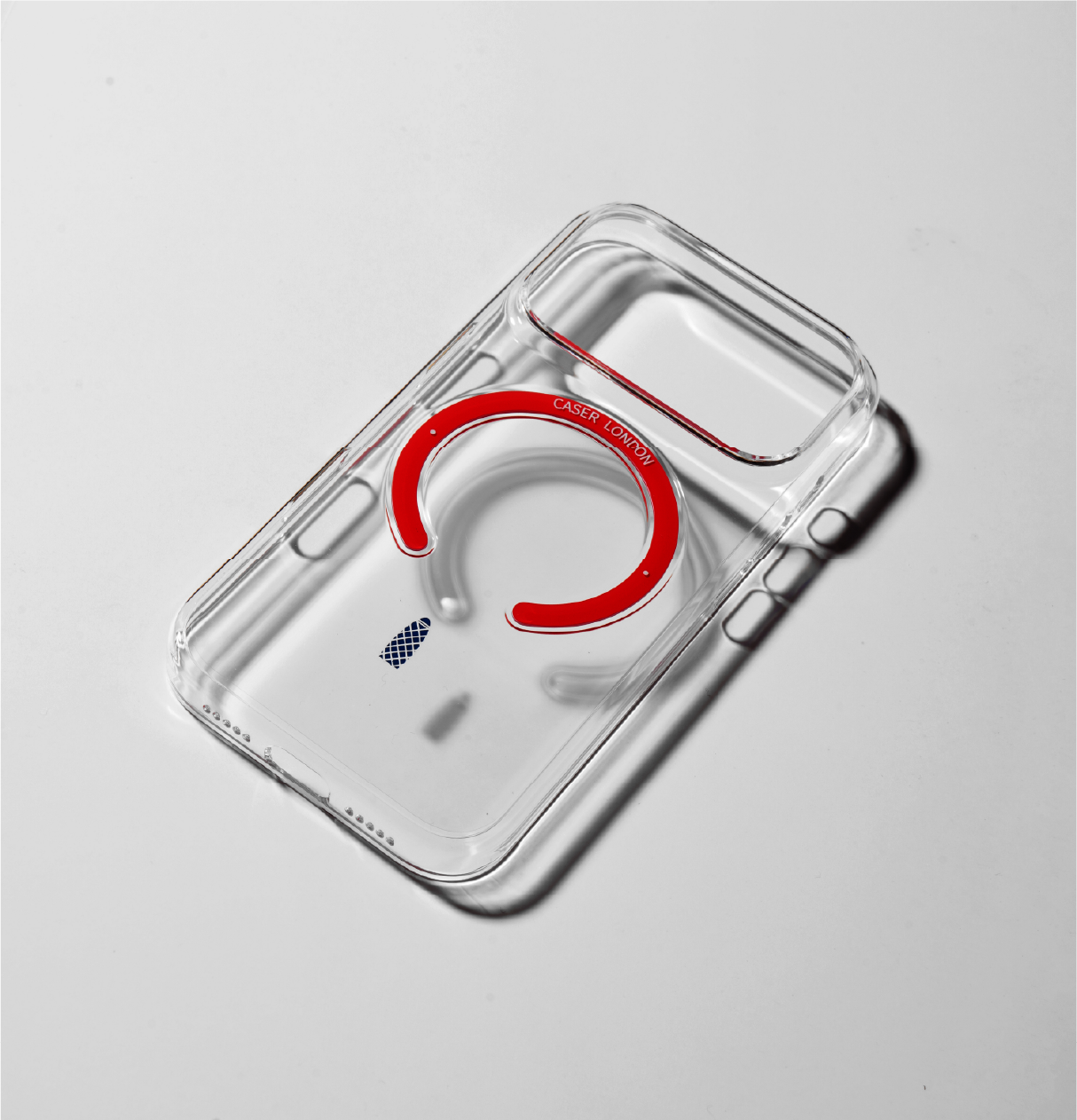 Clear apple iphone 17 pro case with skyline icon and red magsafe charging ring